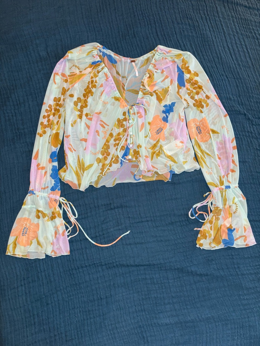 Free People Of Paradise Floral Bell Sleeve Blouse Teal Green Size L